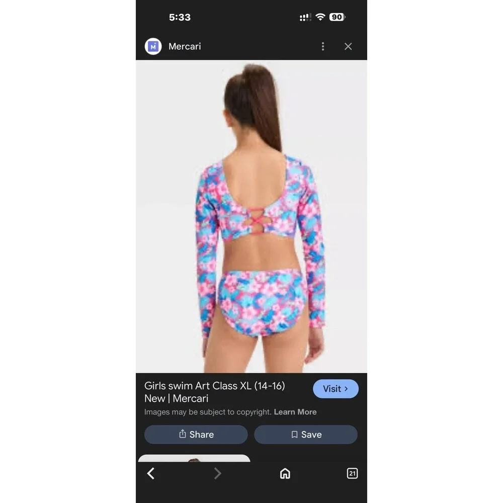 Art Class Girls Tropical Floral Rash Guard Swim‎ Crop Top UPF 50+ Size M 8 NWT